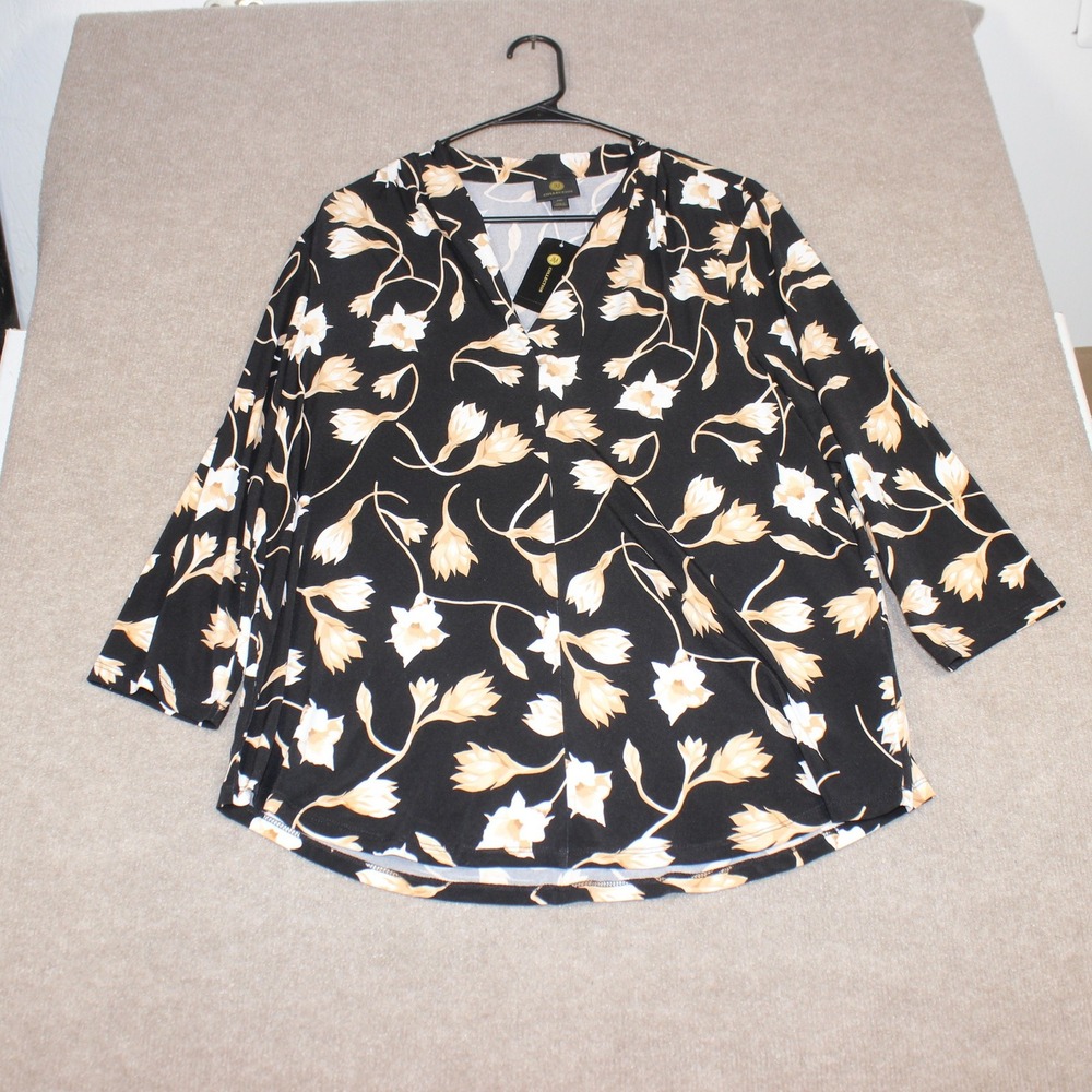 JM Collection Petite XL Floral V-Neck Blouse Black Tan 3/4 Sleeve Top PXL NWT